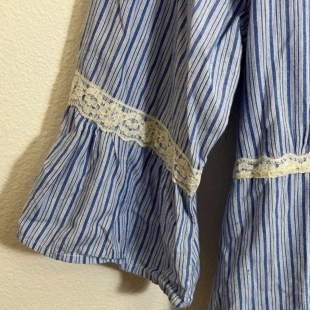 Denim 24/7 Blue Cotton Plus Size Striped Cream Lace-Trim Peasant Top - Picture 6 of 11